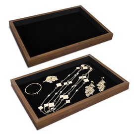 MOOCA 2 Pcs Wooden Jewelry Display Tray, Presentation Tray, Organizer for Rings, Necklaces, Earrings, and Accessories, Walnut Color with Black Suede, 14" W x 9.6" D x 1.2" H