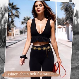 WERFORU Women Western Concho Metal Chain Belt Cowgirl Boho Waist Belt for Dress Jeans(Suit waist size 33"-38",Gold)