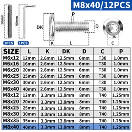 XRXYMQ Pack of 12 M8 Flat Head Screws M8 x 40 mm Screws 304 Stainless Steel Screws Pan Head Screws M8 Torx Screws with Screwdriver Bit Wrench for Assembly Maintenance