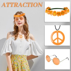 Hippie Costume Set Includes Peace Sign Necklace and Earring, Flower Crown Headband and Sunglasses 60s 70s Party Accessories (New Orange)
