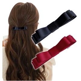 Herbeluemily Ribbon Satin Barrette 2-Piece Set Simple Adult Formal Fashionable Hair Clip Gift Black + Red HM-0184-R04-BK+RD