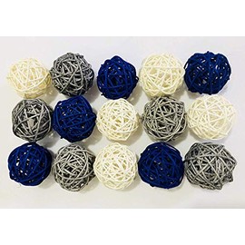 Pack of 15 Mixed 3 Colors White Royal Blue Gray Rattan wicker balls Vase Fillers for Wedding Party Christmas decoration, 2inch