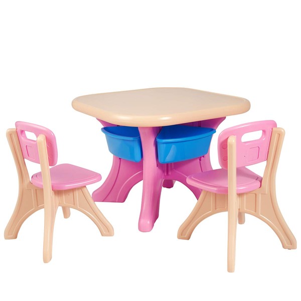 COSTWAY Kids Table and Chairs Set, Children Activity Art Table and 2 Chairs Set with Detachable Storage Bins, 3 Pieces Kids Plastic Furniture for Boys Girls (Pink)