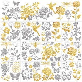 AHANDMAKER 12 Sheets Golden Silver Flower Window Sticker, Butterfly Dragonfly Rub on Transfer Stickers Home Decor Stickers for Christmas Day School Classroom Nursery Dresser Glass Porcelain, 5.5x5.5"