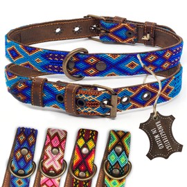 ALTEZAR Leather Dog Collar - Brown Cowhide Tribal Blue Embroidered throughout - Handmade in Mexico Leather Dog Collar - Size M - for Medium Large Dogs
