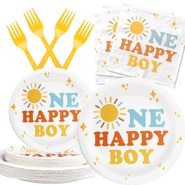 One Happy Boy Birthday Party Supplies for 20 Guests – Sunshine Plates Napkins and Forks – Boys 1st Birthday Disposable Tableware Set