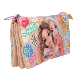 Depesche TOPModel Girl Power 13287 Pencil Case in Beige with Model Motif and Colourful Batches, Pencil Case with 3 Inner Compartments