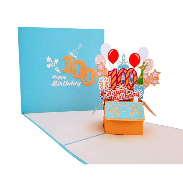 iGifts And Cards Happy 100th Blue Birthday Party Box 3D Pop Up Greeting Card – Someone Turning 100, Hundred, Awesome, Balloons, Unique, Celebration, Feliz Cumpleaños, Fun, Mom, Dad