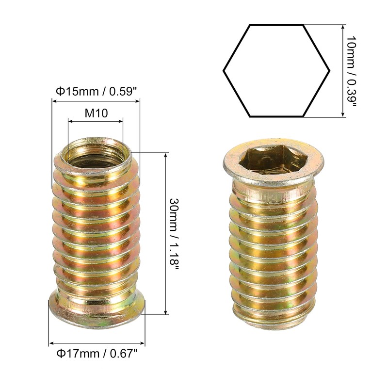 sourcing map Wood Furniture M10x30mm Threaded Insert Nuts Interface Hex