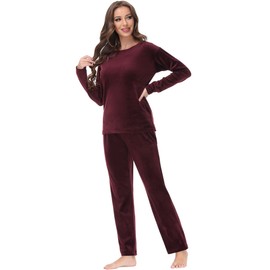 COZZIPLUS Women Velour Lounge Set 2 Piece Velvet Pajama Set Sweatsuit Crew Neck Sweatshirt and Elastic Waist Sweatpant(Burgundy,XL)