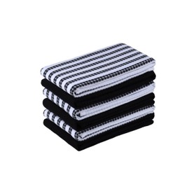 Gratico Cotton Kitchen Towel Set of 6 Highly Absorbent, Ultra Soft Premium Tea Towel with Hanging Loop 18x28 Inches Quick Drying Dish Cloths for Cleaning Dishes - Black/White, Stripes