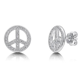 BERRICLE Sterling Silver Peace Sign Cubic Zirconia CZ Fashion Stud Earrings for Women, Rhodium Plated