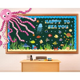 93 Pcs Sea Animal Bulletin Board Classroom Decoration Under The Sea Octopus Cutouts for Kids School Supplies Happy to Sea You Paper Cutouts Wall Decor Summer Ocean Fish Cardstock Party Decor