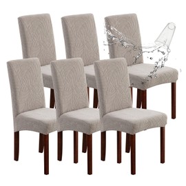 Genina Waterproof Chair Covers for Dining Room 6 Pack, Stretch Jacquard Dining Chair Cover Removable Washable Chair Protectors Cover for Kitchen, Home (Leaves-Warm Gray, 6 PCS)