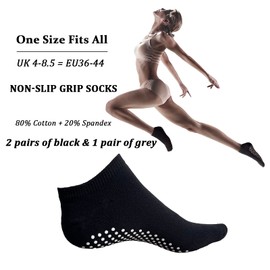 KEYRI Yoga Socks for Men and Women, Trainer Socks, Pilates Non-Slip Socks for Ballet, Gymnastics, Dance, Home, Stopper Socks, Non-Slip Socks, Cotton, One Size, 2 Black + 1 Grey