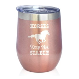 Bevvee Horses Keep Me Stable - Wine Tumbler with Sliding Lid - Stemless Stainless Steel Insulated Cup - Funny Gifts for Horse Lovers - Rose Gold