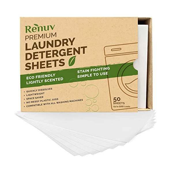 Laundry Detergent Sheets by Renuv Up to 100 Loads Eco Friendly Liquidless Strips, No Plastic, Sustainable, Biodegradable Easier Than Pods, Liquids, Drops or Pacs. Home or Travel Clothes Washing - 50 Sheets