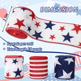 AnyDesign Patriotic Wired Edge Ribbon 2.5 in x 18 Yard 250th Anniversary Craft Ribbons Red Blue Star Stripe Fabric Ribbon for 4th of July Independence Day Wreath Bow DIY Wrapping Party Decor, 3 Rolls