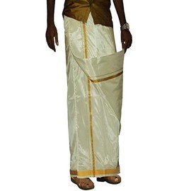 Stylesindia Double Layer Silk Dhoti Vesti Mundu India Ethnic Dress Golden Zari Border Dhotis for Wedding Ceremonies