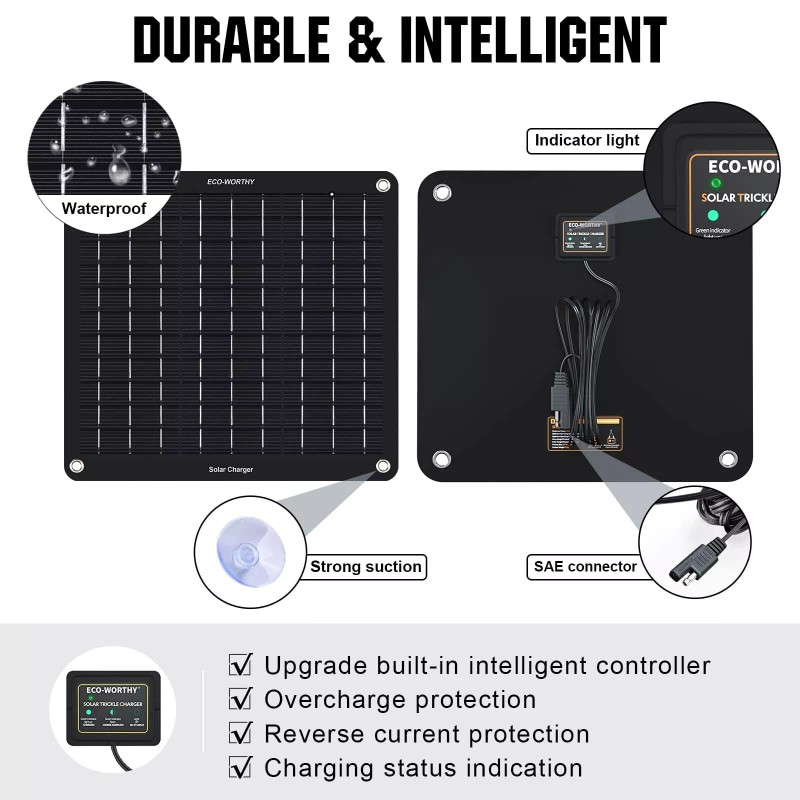ECO-WORTHY 10W Solar Car Battery Charger Maintainer 12V Waterproof Solar
