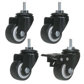 ZIIYAN 1.5 inch Stem Caster Wheels, Black Threaded Stem Caster Wheel，M6 x 15mm PU No Noise Swivel Castors with 360 Degree Rotation, Pack of 4 (One with Brake)