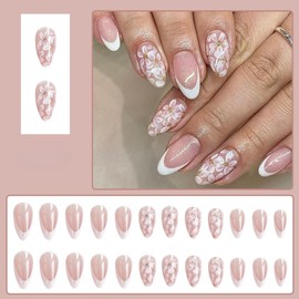 KQueenest White French Nails for Sticking, Medium Almond, Press On Nails with Flower Design, Glitter, Full Cover, Nude Fake Nails, Artificial Fingernails, Elegant Acrylic Nails for Women, Pack of 24