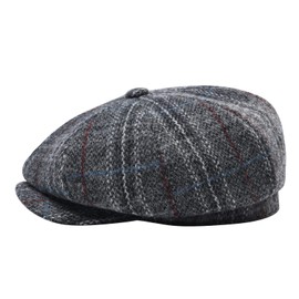 BOTVELA Men's 8 Panel Wool Blend Newsboy Flat Cap Herringbone Tweed Hat (Plaid Grey, 7 3/8)