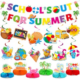 School's Out for Summer Decorations Include Summer Theme Banner Hanging Swirls Honeycomb Centerpieces End of School Year Party Decorations for Schools Classroom Summers Vacation Celebration Decor