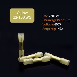 250 conectores termorretráctiles de 12-10 AWG, conectores de cable eléctrico de crimpado amarillo impermeable empalme terminales de cableado de cable automotriz marino