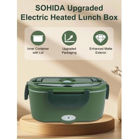 SOHIDA 2025 Upgraded 80W Heated Lunch Box with Insulated Bag, 1.5L SS Container with Lid & 0.45L Fruit Box Electric Lunch Box for Adults, 12V/24V/110V Portable Food Warmer for Home/Car/Truck (Green)
