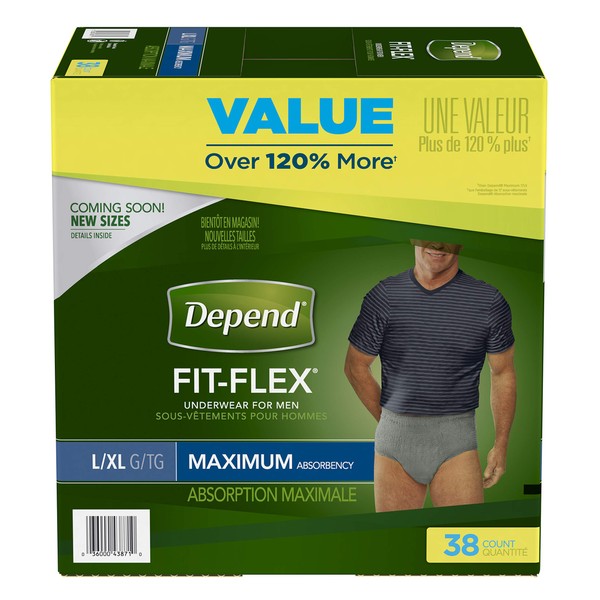 Depend FIT-FLEX Incontinence Underwear for Men, Maximum Absorbency, Large/X-Large, Gray (Packaging may vary)