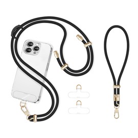Derraffina Cell Phone Lanyard Adjustable Crossbody Phone Lanyard *1 Phone Wrist Strap *1 with Deluxe Gold Matal Buckle + Clear Tether Tabs *2 for Shopping Travelling Hiking(BLACK)