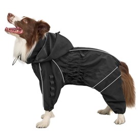OneTigris Dog Raincoat with Hood for Medium Large Dogs, Waterproof & Reflective, 4 Legs Dog Rain Jacket Adjustable Puppy Poncho for The Rain and Snow (Black, Large)