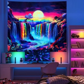 Apdidl Blacklight Posters Waterfall Moon Tapestry, Black Light Neon UV Reactive Mountain Tree Tapestries Wall Hanging, Fantasy Landscape Wave Nature Tapestry for Bedroom Room Dorm Decor (60"X79")
