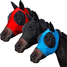 FOXLVDA 3 Pcs Horse Fly Mask - Fly Masks for Horses with Ears, Fashionable and Breathable Stretch Fabric with UV & Sun Protection for Average Size Horse (Blue-Black-Red, Large)