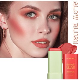 HOSAILY Cream Blush Stick for Cheeks, Multi-Use Makeup Blush Stick for Eye Lip Face, Travel-Friendly Tinted Solid Moisturizer Matte Blush, Natural Glow Blendable Smooth Blusher with Brush-Orange Coral