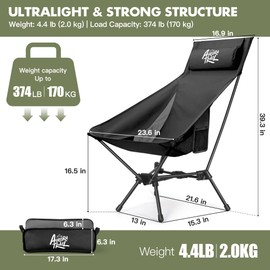 AuroraTrail High Back Folding Camping Chair with Pillow – Lightweight Portable Outdoor Chair with Cup Holder & Carry Bag, Sturdy Aluminum Frame Supports up to 374 lb for Camping, Hiking & Festivals