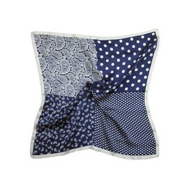 MayTree 100% Mulberry Silk Scarf for Women Colourful Square Dots Paisley Mix 53 x 53 cm, dark blue white