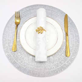 Evevda Round Silver Placemats for Dining Table Set of 6 Metallic Pressed Hollowed Out Table Mats Wipeable Vinyl Place Mat for Holiday Wedding