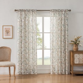 SUOUO Brown Vintage Floral Semi Sheer Curtains Linen Textured for Living Room 96 inches Long Rod Pocket Window Drapes for Dining Bedroom 2 Panels