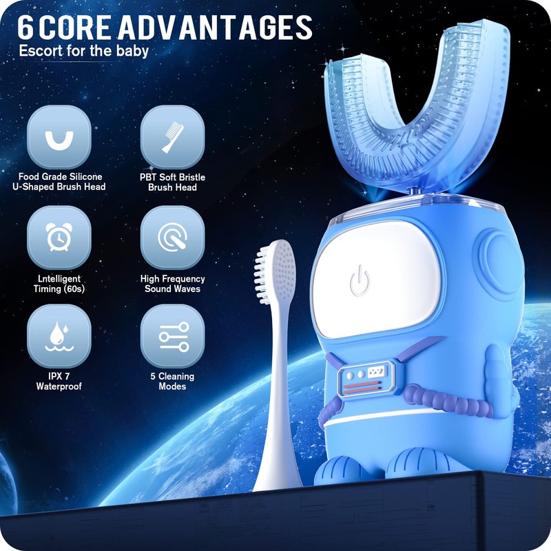 RexCodar Ultrasonic Kid's U-Shaped Electric Toothbrush, IPX7 Waterproof, Five Cleaning