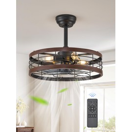 LEDIARY 20 inch Fandelier Caged Ceiling Fan with Light, Bladeless Ceiling Fan with Remote, Farmhouse Fan Lights Ceiling Fixtures for Kitchen, Bedroom, Outdoor(6 Speed, Timing) - Walnut