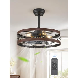 LEDIARY 20 inch Fandelier Caged Ceiling Fan with Light, Bladeless Ceiling Fan with Remote, Farmhouse Fan Lights Ceiling Fixtures for Kitchen, Bedroom, Outdoor(6 Speed, Timing) - Walnut