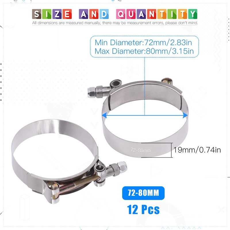 Glarks 12Pcs 70-80mm Stainless Steel T-Bolt Hose Clamps Turbo Intake