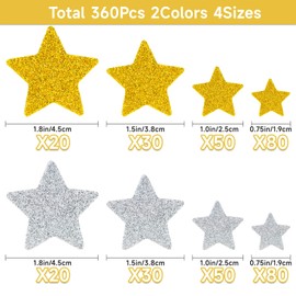 Anwyll 360Pcs Star Stickers - Gold and Silver Stars Stickers Self Adhesive Glitter Foam Star Shaped Sticker for Kid Reward Christmas Decoration Star Sticker for Art Craft Card Scrapbook Birthday Party