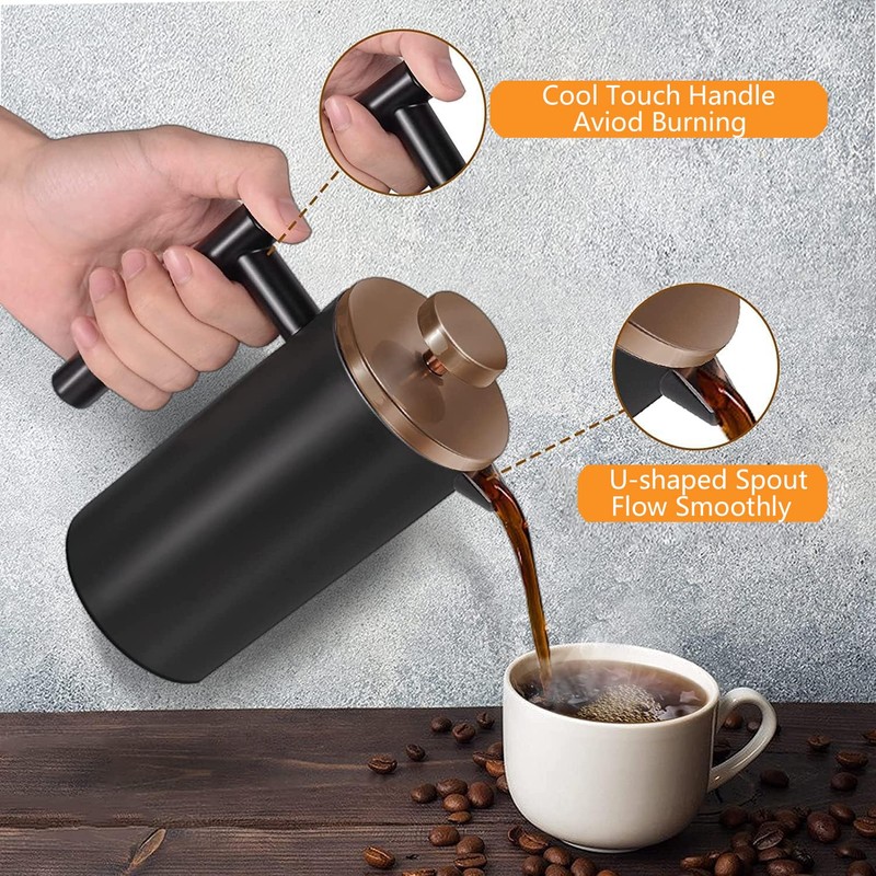 Meelio Small French Press Coffee Maker 600ml, Black Double-Wall Insulated