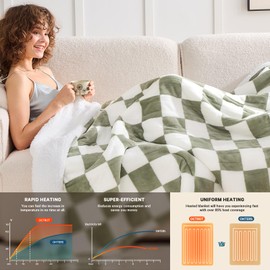 Sage Green Heated Blanket Electric Twin Size, 62X84 Heating Blanket with 10 Heat Levels & 8 Hours Auto Off, Checkered Plaid Soft Fleece Sherpa Blankets Warmer Gifts for Couch Grandma Women Adults, ETL