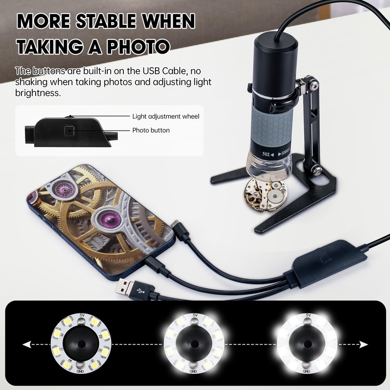 Bysameyee 1080P USB Microscope with Metal Stand, 50X-1000X Handheld Digital