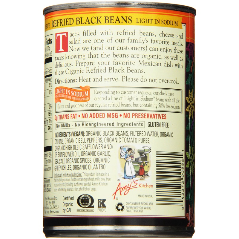 Amy's Organic Refried Black Beans Canned, Light in Sodium, Vegan,