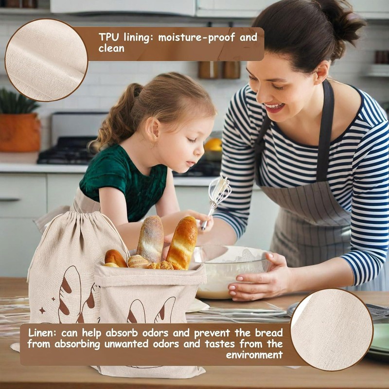 MYTOAU 3 Pcs Linen Bread Bags, Unbleached Bread Storage Bags,